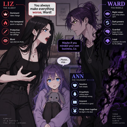 Three siblings, Female name Liz, oldest, tale, pale, beautiful, mysterious, black hair long curtain bangs style, bright blue eyes eyeliner liner, dark eye shadow, red lips, wearing jewelry, Anime style, Agent Ward male, middle child, made to be a weapon, highly skilled, emergency backup case he gets out of control, hair violet messy bun, clean shaven, night vision eyes no goggles, sharp teeth, dark power, tall, intimidating, he's used as an emergence backup weapon, Female Ann, youngest sibling, medium hight pale, tan, blue eyes, vivid purple dim hair in a messy bun her front hair is swooped down in her right side, all in the living room Liz and ward are angrily arguing wards power starts get a little out of control, Ann looking a little concerned tears in her eyes,Liz saying to ward “mom and dad would hate what you’re doing”ward says “there dead why does it matter I didn't choose to get these powers it was aunts choice to put me in the experiment place”