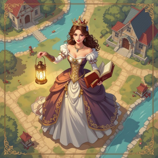 top view, battle map view, aerial view, woman, fancy dress, crown, holding a lantern, holding books