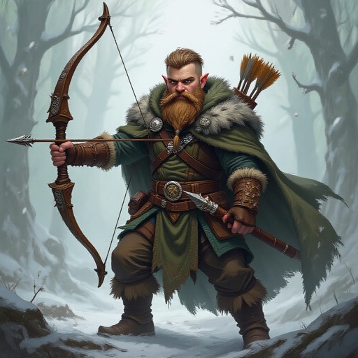 Young Dwarf male in monster hide cloak with a longbow with sharp spikes on it