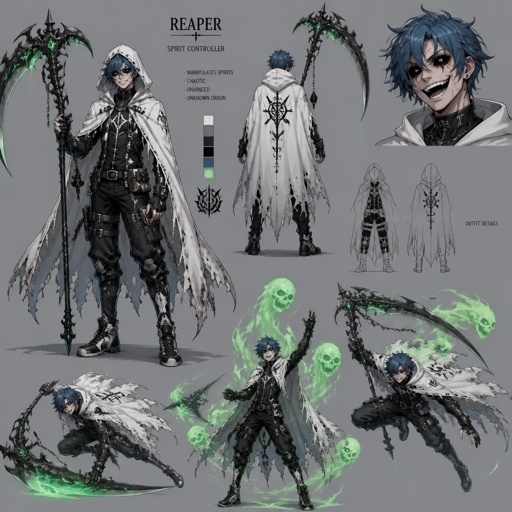 Male superhero with the ability control green spirits, crazy, blue hair, cool outfit, white cape with hood, black eyes, scythe, multiple of the same character 