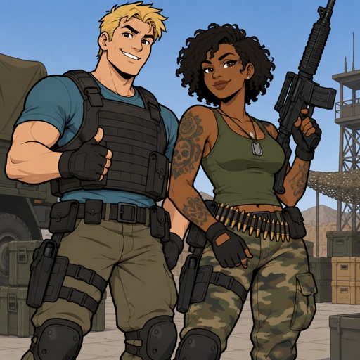 Male, short messy blonde hair, brushed side hair, hair in middle of forehead, smiling, cyan shirt, plain flat bulletproof vest, fingerless gloves, knee pads, belt with gun, Female, African American, curly half cut short hair, green tank top, camo pants, belt with bullets, fingerless gloves, dog tags, belt across chest, arm strap, tattoos, gun, both posing