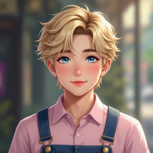Japanese male looks 19-years old blonde hair blue eyes no bear wearing a light pink shirt with overalls has a bit of chubby cheeks looks a bit feminine and a bit frail no button shirt