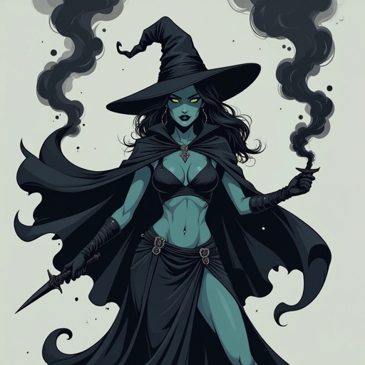 sexy shadow demon witch gypsy slate grey skin large black billowing cloak that emits darkness and shadow smoke. Two piece. Witches Hat.  Wields Black Evil Shadow Smoke Daggers