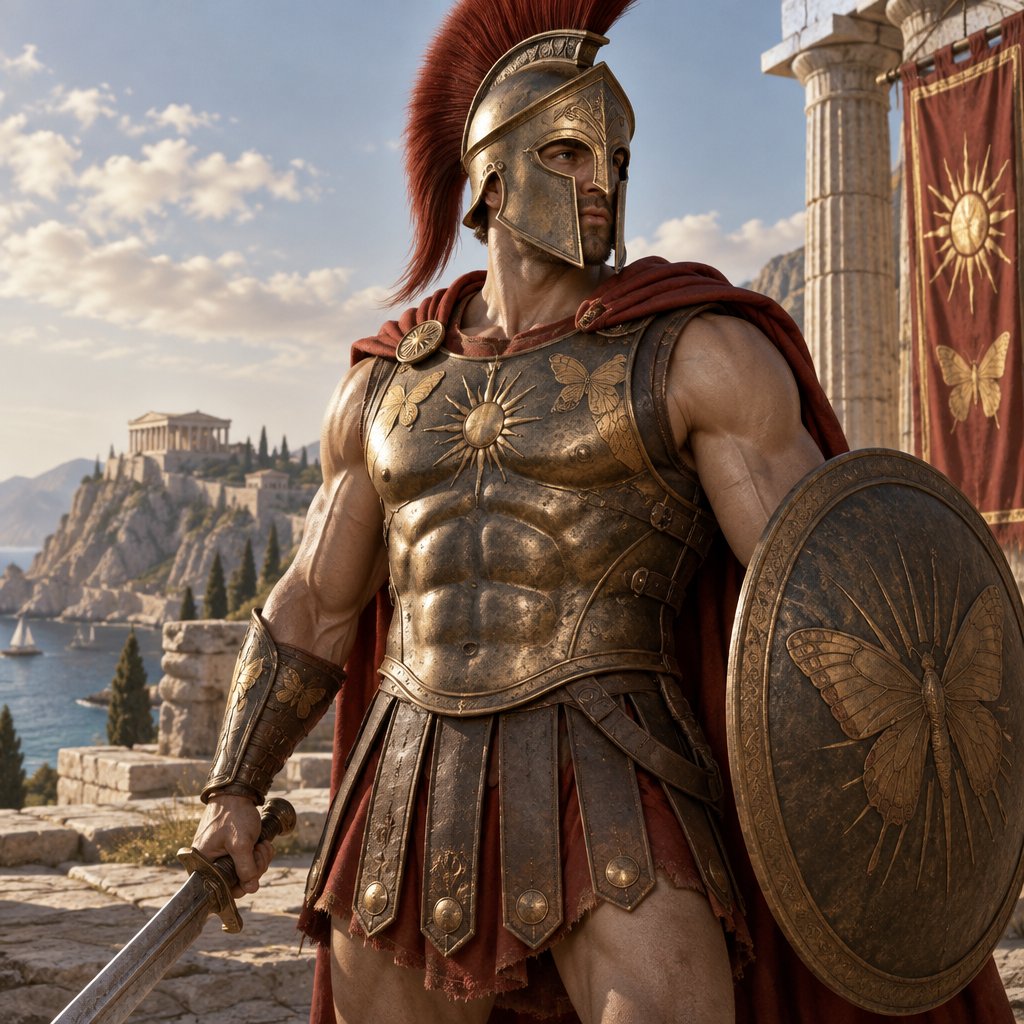 His name is Apollo, a Greek butterfly, transformed into a human warrior. He is muscular, have Sparta helmet and armor, his a shield and swordwarrior