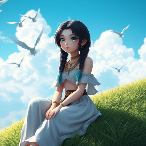 A young female with fair skin and vibrant teal eyes. Black hair with cyan tips in the form of two short braids. Wearing a goddess two-piece outfit (top and trousers) sitting on a hill watching pigeons fly from a very far distance