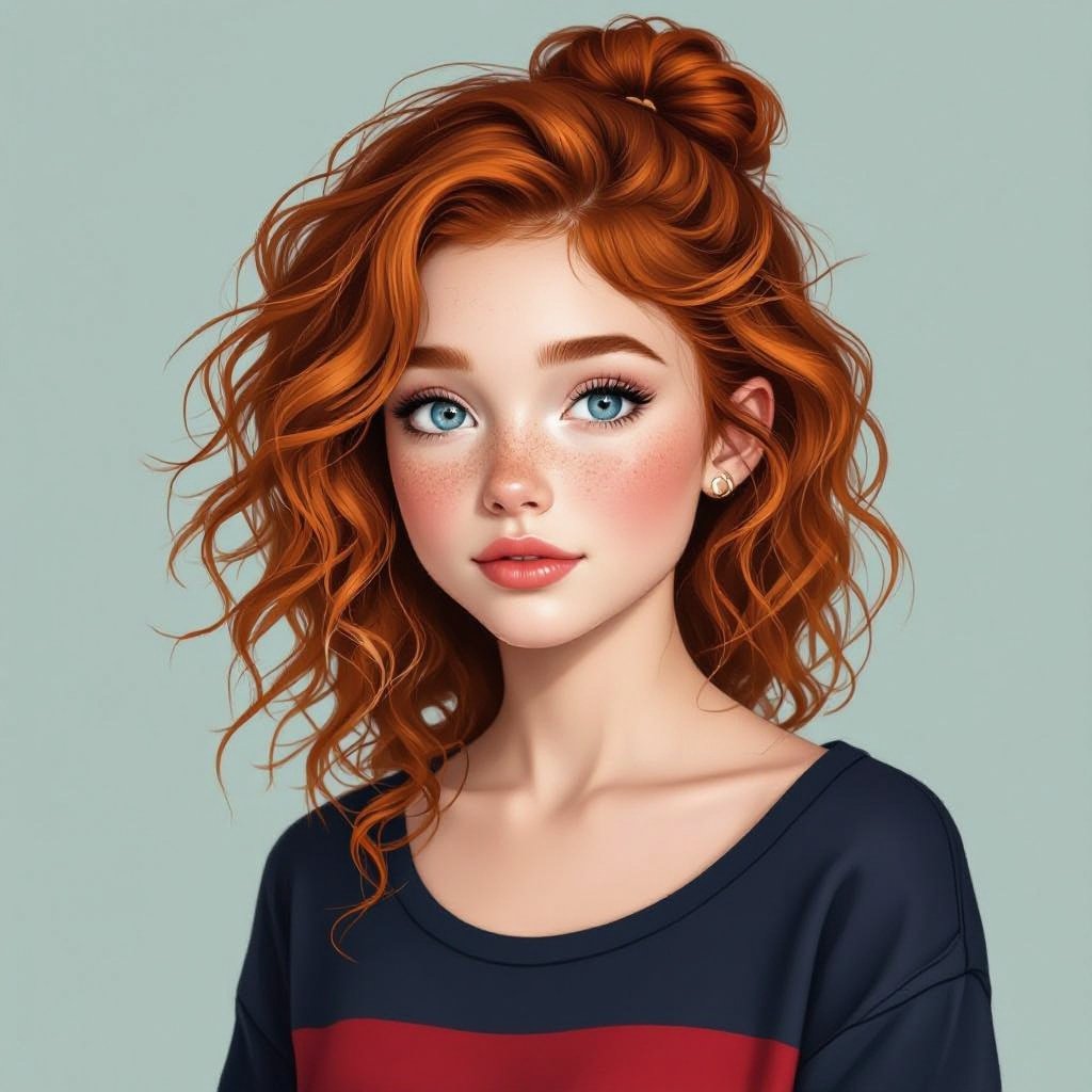Create a girl, around 13 years old. She has long, curly, ginger hair that is in a half-up half-down hairstyle with curls. She has freckles covering her nose, cheeks and  under her eyes. She has bright, ocean like blue eyes. She wears a dark blue and dark red crop top and baggy black pants. 