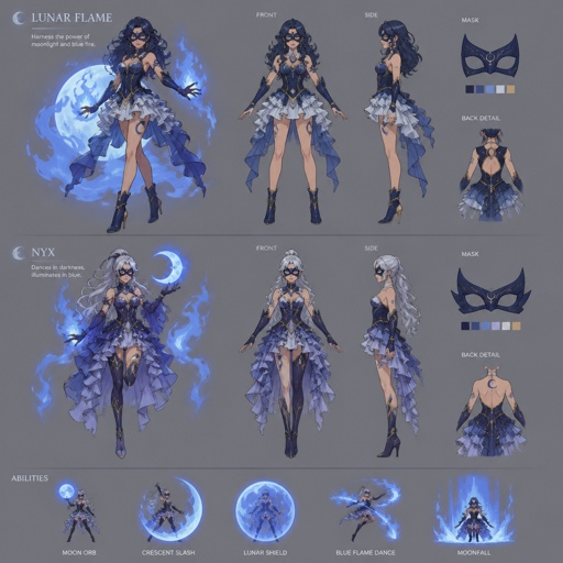 Female superhero with blue fire and moon light abilities, short ruffled dress, mask, multiple of the same character