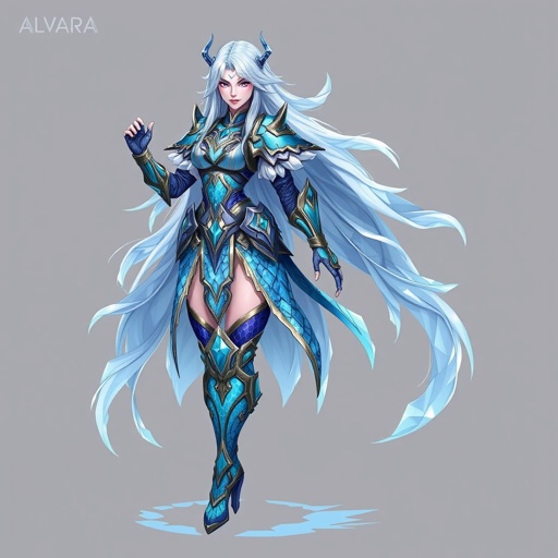 Create a battle woman hero called Alvara the Frostheart. Show full body head to toe including shoes