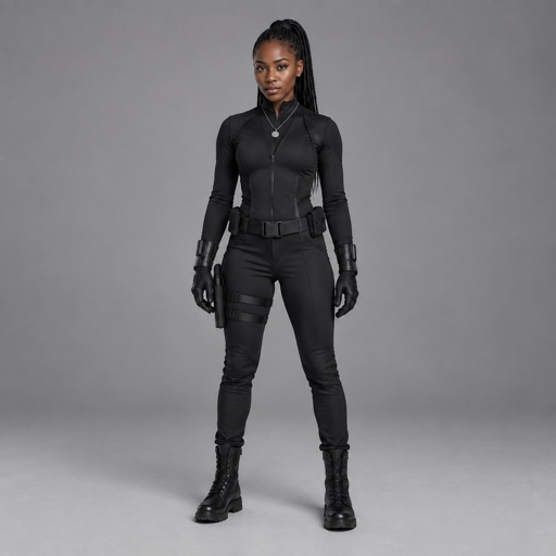 a woman in a black outfit standing in front of a gray background