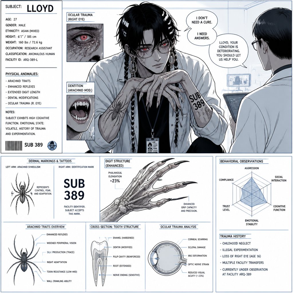 Anime white and Asian male,name is Lloyd,hair messy long braided black hair with white stripes,clean shaven,highly skilled,in late 20s,migraines,sarcastic,red glowing eyes,one eye is severely damaged,serious face,been unwillingly experiment on for many years until finally found and rescued ,has power of a spider and control spiders make traps poison and crawl on walls and ceiling dangerous,glasses,wears a loose jacket a nice fully covered shirt ,loves spiders, nice big earrings,a tattoos on left that means arachnid and on right arm a tattoo that says sub 389,doesn't remember anything from his past except the experiments, long scary fingers, spider fangs, traumatized,special agency is keeping an eye on him. Lloyd and a scientist having a conversation, scientist “do you know where you originally lived or any relatives” Lloyd “no… but why does that matter know? Who cares I don’t,there’s no point, I wouldn’t be recognized by them anyway”scientist”you don’t care to find out who you are?” Lloyd “no…I don’t” scientist “what else do you remember?” Lloyd staring of in the distance with a small look of fear in his eyes says “only the experiments”as a comic