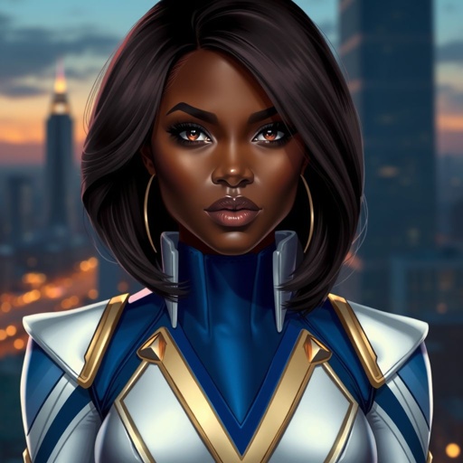 African American female superhero with shoulder length hair in a side part style wearing a homemade white and blue suit with gold accents with a stylized V as her chest emblem standing in Philadelphia at dusk