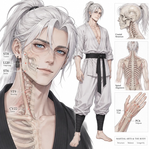 Anime style, male, highly skilled in fighting all fighting styles and weapons, bright blue eyes,white hair in a Japanese ponytail,white skin, dark under eye bags, teaches history,earring, soft smile, agency trying to locate him, history unknown 