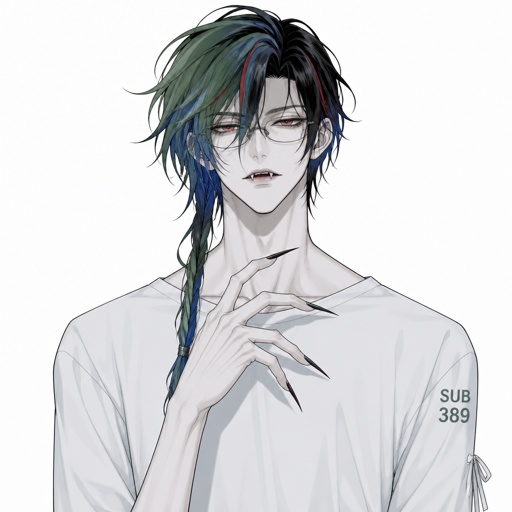 Man, tall, pale, snack like with snack eyes, green and blue long hair mysterious Anime white male, name Lloyd, hair messy long one loose braid, black hair with light red stripes, clean shaven,red eyes, long scary fingers spider fangs, glasses, sarcastic, cold, laugh mockingly, traumatized,was a unwillingly experiment many years before getting rescued, no memory of his past, has power of a spider, poisonous makes spider webs with his hands, can communicate and control spiders, on right arm a print says sub 389, doesn't remember anything from his past,very dangerous.snake man is trying to get Lloyd to talk about the experiment he went through, Lloyd coldly says “I have no answer”