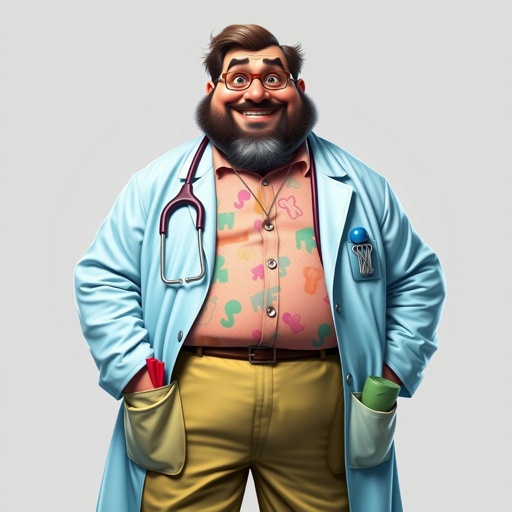 .. create a fat doctor. Who is funny human looking from head to toe. And he always immediately results to surgery for anything even small things. So please be sure to show his whole outfit head to toe. Make him have 1 tooth. Make it more adult humor instead of cartoon humor.
