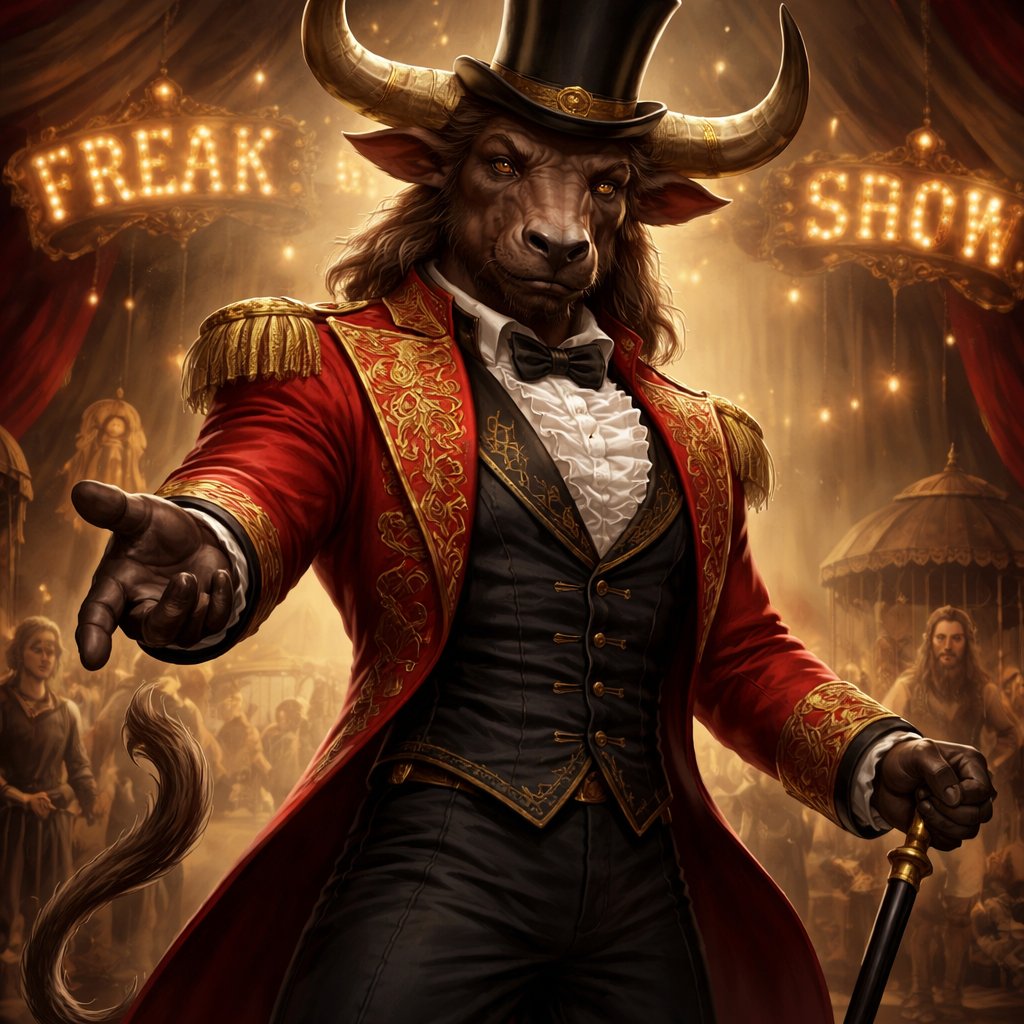 A male medium brown Minotaur with cattle like brown eyes, large powerful gleaming horns like his fathers, a well~proportioned figure/body at lest 6 foot tall, long tail. He works at freak show as the ringmaster.