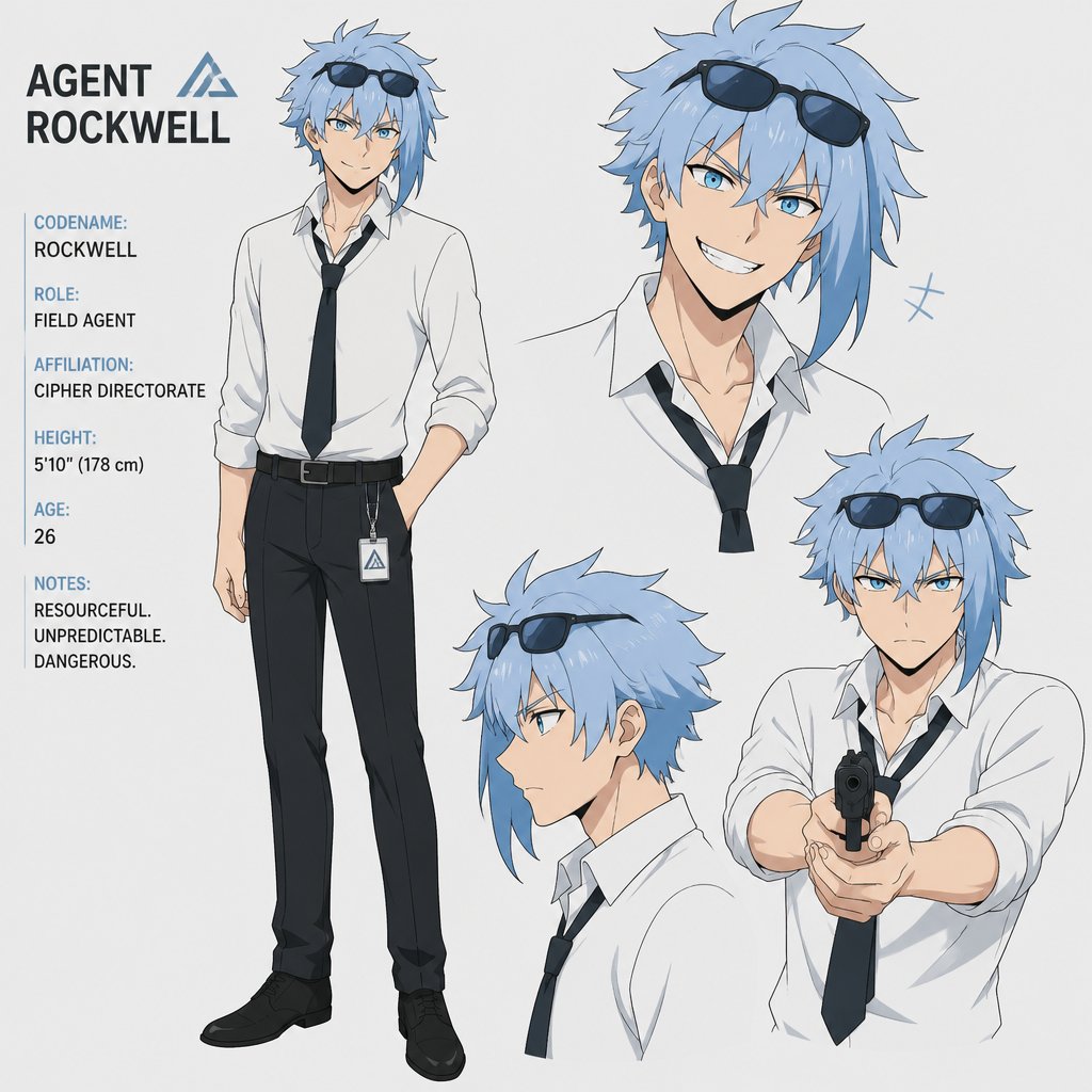 Agent Rockwell He’s average height has very poof up messy hair half side longer and drooped down his hair is a light blue his skin color is white,has very bright blue eyes,wears a suit most times his tie is loose and he doesn’t usually wear his jacket and his collar to his shirt is usually uneven, wears sunglasses on his head He’s know for is mischievous and reckless behavior though when it is comes to important missions he takes it very seriously he is one of the best agents they have he almost always has a mischievous grin and smile