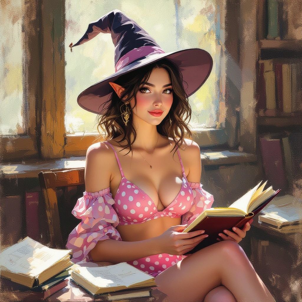 Dark Brown Hair Elf Witch Librarian in Witches Hat. Tight Strapless pink polka dot two piece bathing suit