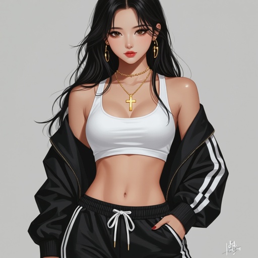 Korean girl with black and white pajama pants and white crop top over her stomach with a gold cross necklace and black hair with dark brown eyes