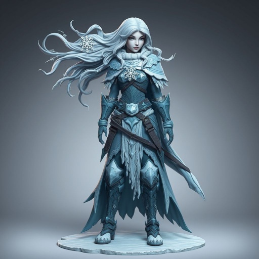 Create a battle woman hero called Alvara the Frostheart. Show full body head to toe including shoes 