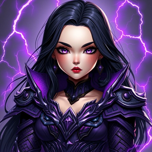 Purple and black armoured Girl with jet black long hair with dark purple eyes that glow and black eye shadow and black lipstick with purple lightning like the flash around her body