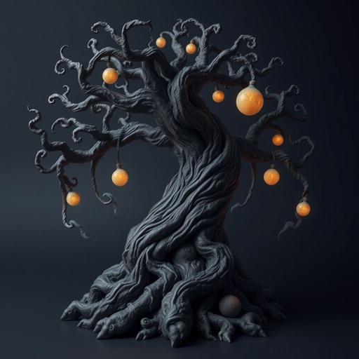 Give me a image of a fantasy dark magic tree, with roots in the bottom