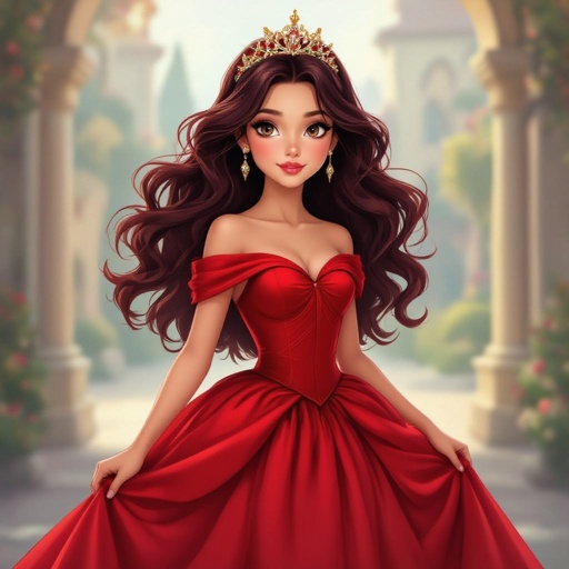 A rebellious but kind teen Princess in a red dress with dark red hair