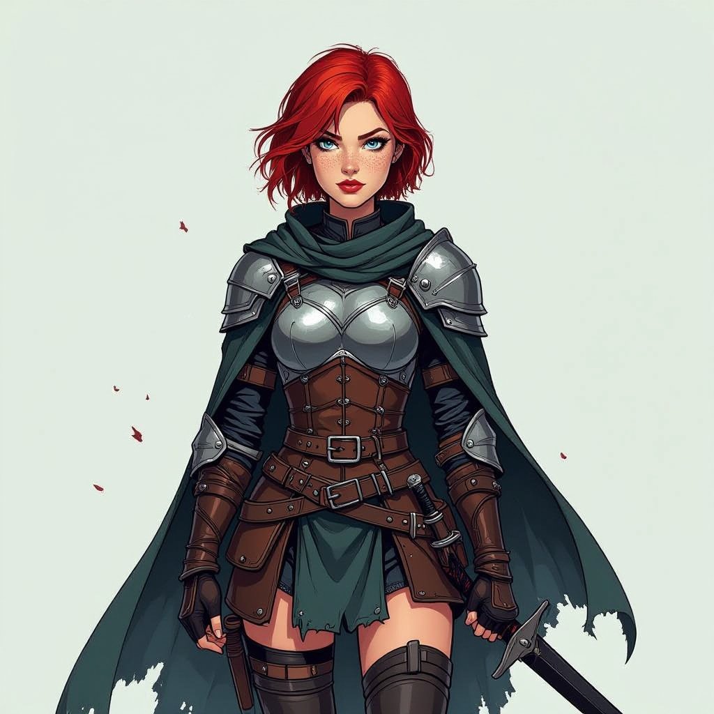 Portrait, female, human, knight, short red hair, leather armor, belts, black sword, light blue eyes, freckles, tattered cloak