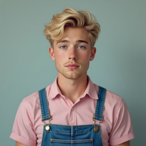 Japanese male looks 19-years old blonde hair blue eyes no bear wearing a light pink shirt with overalls has a bit of chubby cheeks looks a bit feminine and a bit frail no button shirt