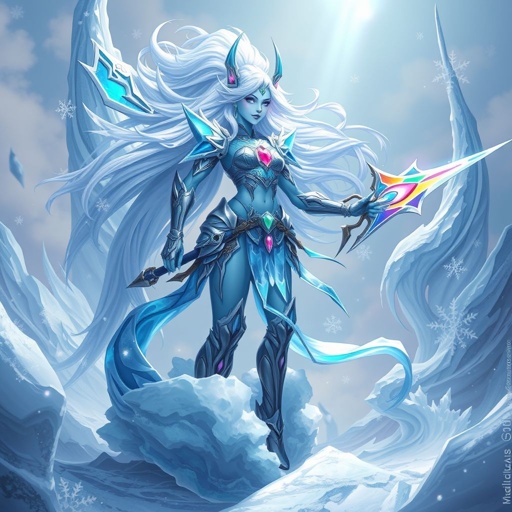 Create a battle woman hero called Alvara the Frostheart. Show full body head to toe including shoes 