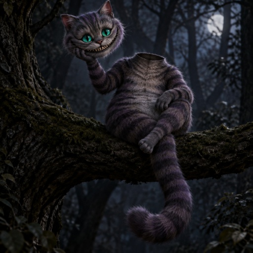 Cheshire head smiling with it in his hand and him on a branch of a tree 