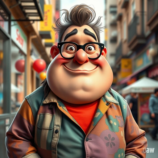 Create a adult character head to toe who is chunky , funny looking but swears he’s a lover boy.