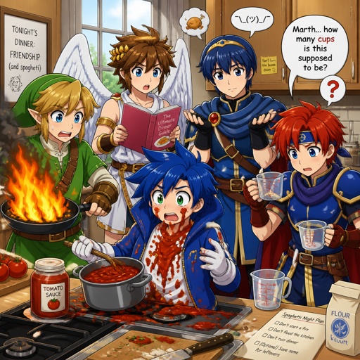 Super smash brothers link from legend of Zelda, pit from kid Icarus, and sonic the hedgehog as a human,Marth from fire emblem,Roy from fire emblem, there trying to make dinner Roy looking at the measuring cups asking Marth which one he’s supposed to do Marth shrugs and says “how should I know I’ve never cooked before, I am a prince after all” link holding pan that’s on fire, pit trying to read the cookbook, human Sonic spilling tomato sauce on himself 