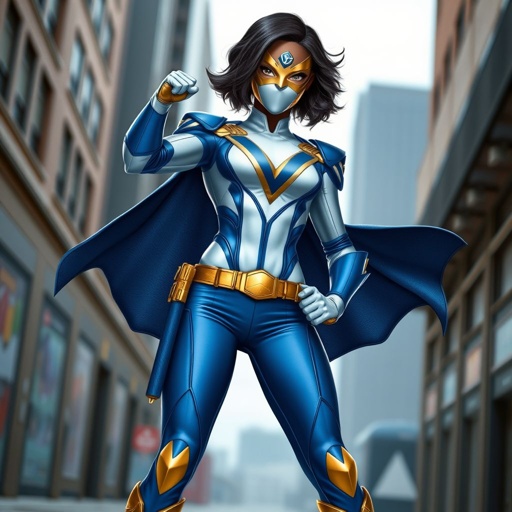 A teenage African American female with shoulder length curly hair  in a side part style superhero  wearing a  DOMINO MASK and a professionally made slightly armored white and blue suit with blue pants gold accents and a stylized V as her chest emblem a utility belt and gold boots