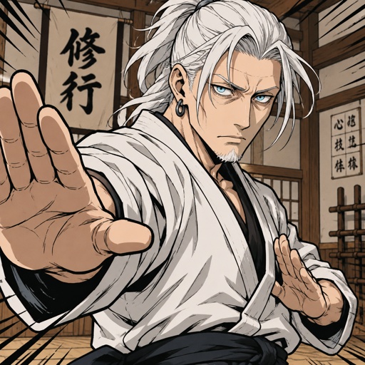 Anime style, male, highly skilled in fighting all fighting styles and weapons, bright blue eyes, white Japanese ponytail,pale skin, eye bags, teaches,earring,trained since birth,supposed to be an assassin,he chose to be a teacher, uses his skills ,no one knows who he is,agency trying to track him down because of the threat he could be 