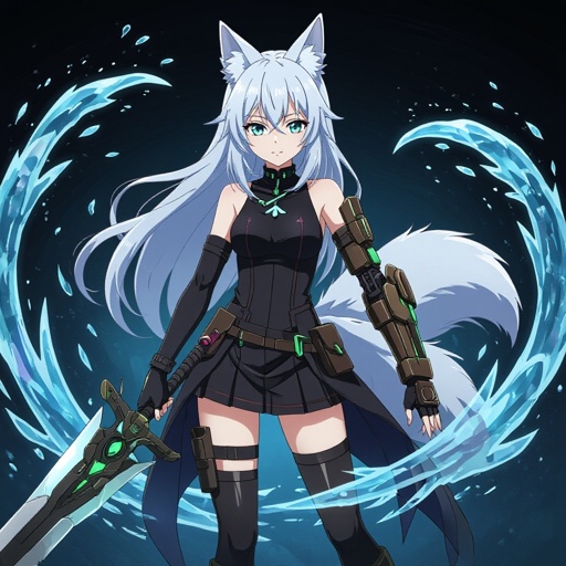 A pale teenage girl wearing black, has medium white hair, has large fox ears and a fluffy tail and a dark green and brown robotic right arm with a black glove on her left arm holding a sword of ice with a black-ish background with ice swirling around her