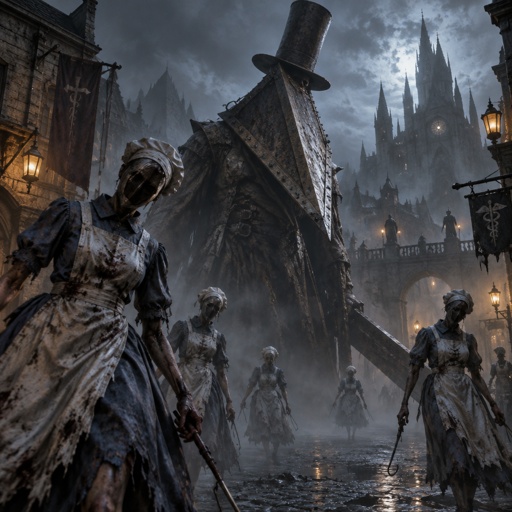 Silent Hill with pyramid head and the nurses with an Alice and wonderland spin with mad hatter as pyramid head