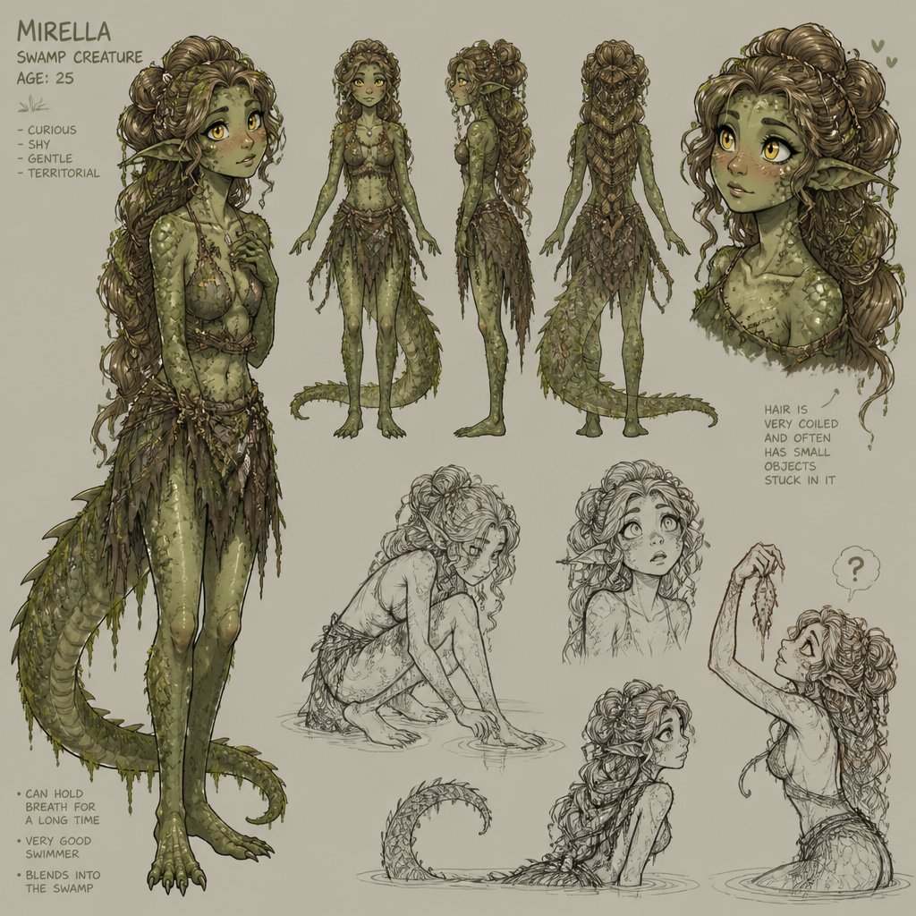 Female, 25, modest clothes, long very coiled light brown hair, green scaly skin, swamp creature, patchy clothes, curious, yellow eyes, lizard tail, mossy, blush, pointy ears, nets coiled in hair, multiple of the same character