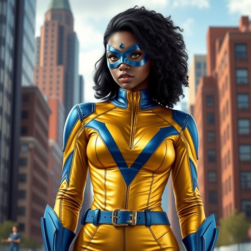 A teenage African American female superhero wearing a domino style mask with slightly curly hair in a shoulder length side part style wearing a polyester and leather gold suit with blue accents gold pants and a stylized V as her chest emblem a utility belt and blue boot heel less standing in Philadelphia