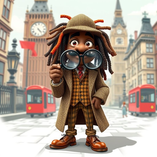 Create a funny character similar to Sherlock Holmes, but make him of black decent and with dread locks. Show his whole outfit including his shoes.