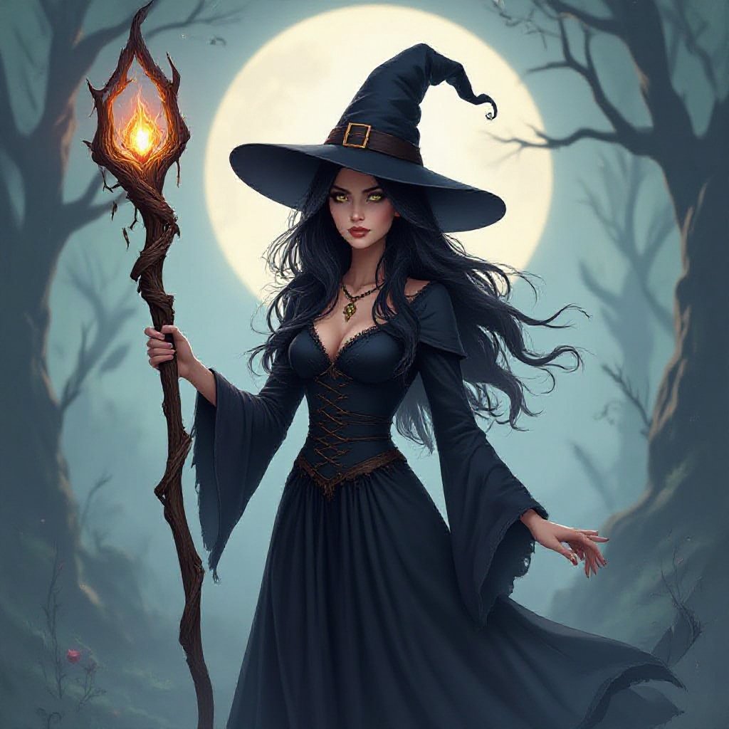 Shimmering witch with long dark hair 