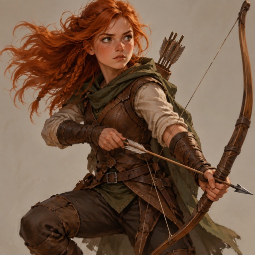 Dnd Female Fiery ginger teen orphan ranger with long flowing hair