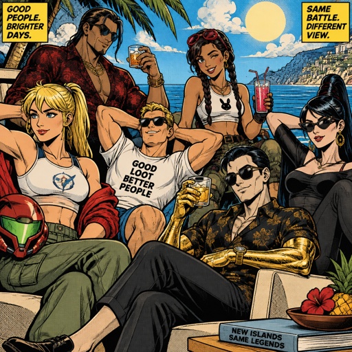 Samus Aran casual clothes, pale Accurate Kado Thorne from Fortnite with white hair, Jones from Fortnite stubble sunglasses casual clothes, Jules from Fortnite casual clothes, Midas from Fortnite casual clothes, Bayonetta from super smash bros casual clothes, all relaxing in the sun