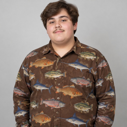 Carp Fish Swordfish Bass Fish Salmon Fish Brown Long Sleeves Shirt, Fat Human, Male, Teen Boy, Brown Hair, Pencil Mustache