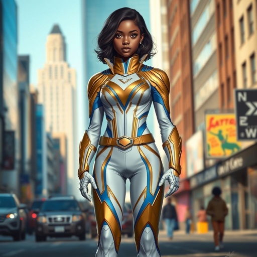 A teenage African American female superhero with slightly curly hair in a shoulder length side part style wearing a slightly medieval white and Gold suit with blue accents and a stylized V as her chest emblem a utility belt and gold boots standing in Philadelphia