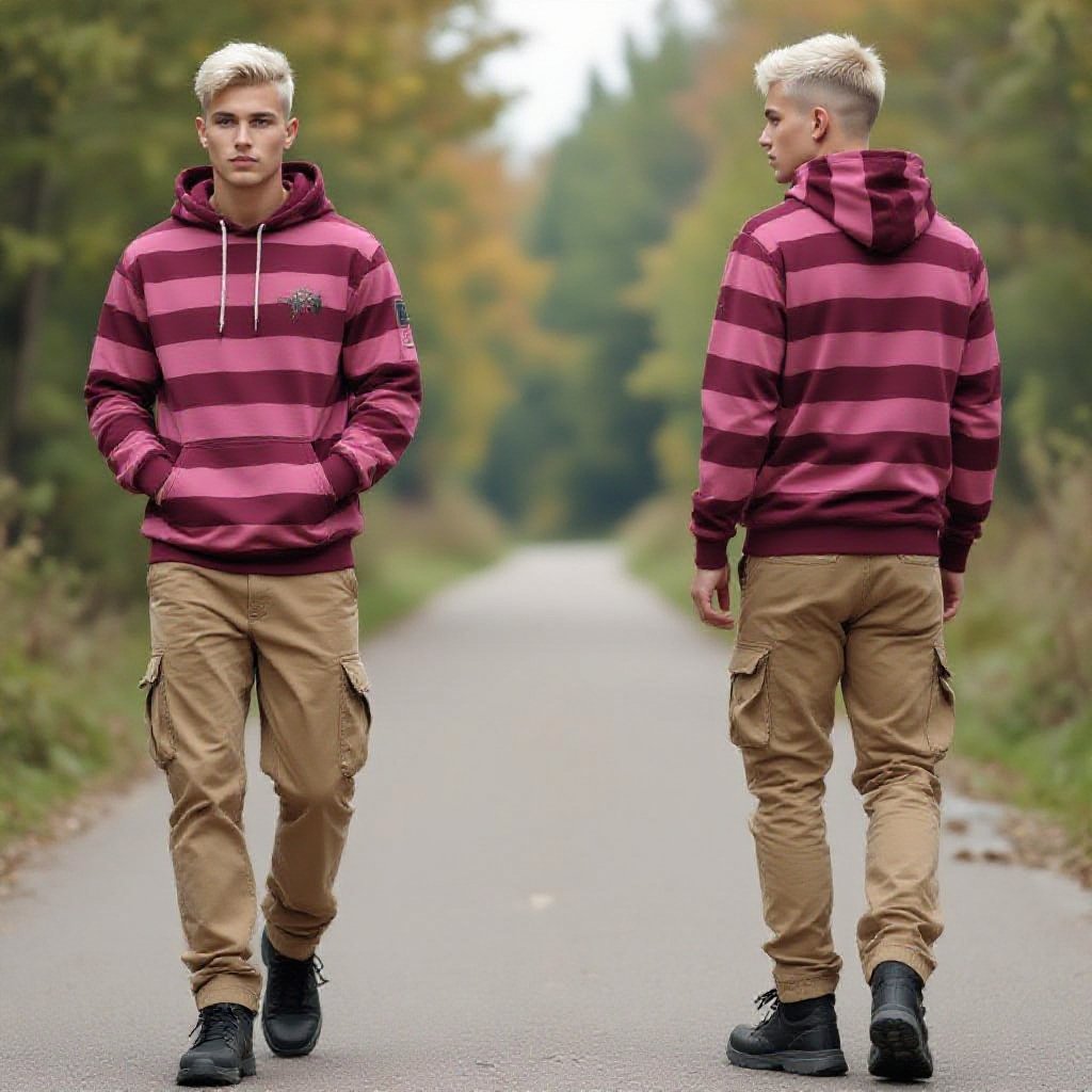 A 19 Year Old Man in Khaki colored Corduroys. Pink and Maroon Striped Tactical Hoodie with Platinum Blonde Hair and an Undercut. Black Hiking Shoes. In an Outdoor Walking Path. 