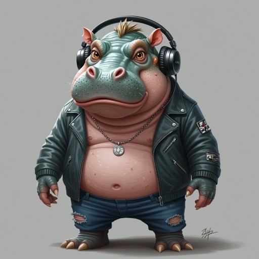 Create a funny looking monster dressed like a dj kinda with hippo monster face