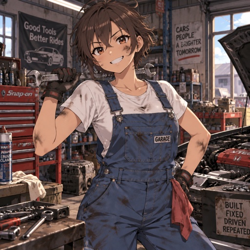 Tomboy, grease monkey, overalls white t shirt. Garage