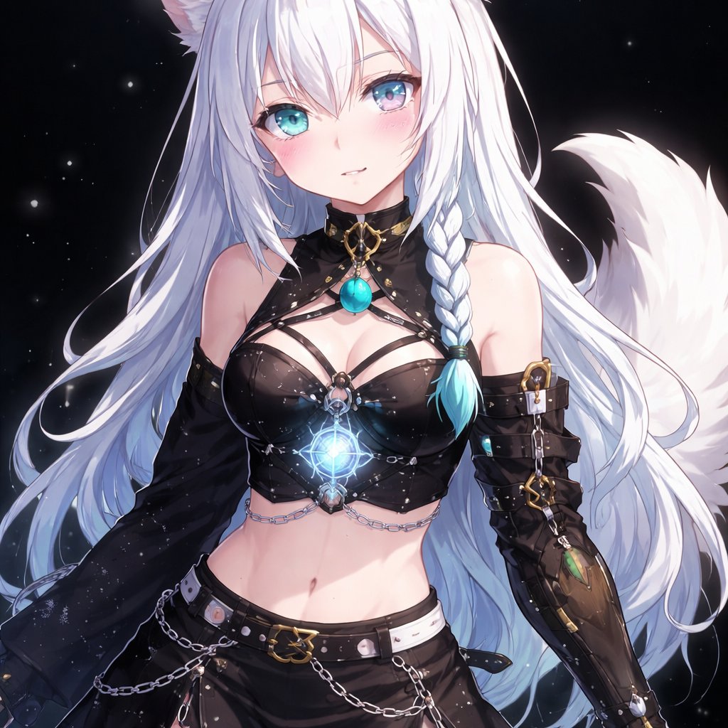 A 16 year old female teenager with fair skin and slight blush. Wears black with some silver chains and gold around the collar with a cyan green small bell. Her left eye is vibrant teal, but her right eye is pale blue. On her right arm, it’s mechanical with brown and very very dark green. Her left arm has a black sleeve adorned with extremely tiny snowflakes. The teenager has white hair that is half the length of her back, and on her fringe, she has a braided cyan highlight. The teenager also has small fox ears and a fluffy white tail. The background is black. The teenager has a Cryo Vision on her chest, therefore she is in the world of Genshin Impact