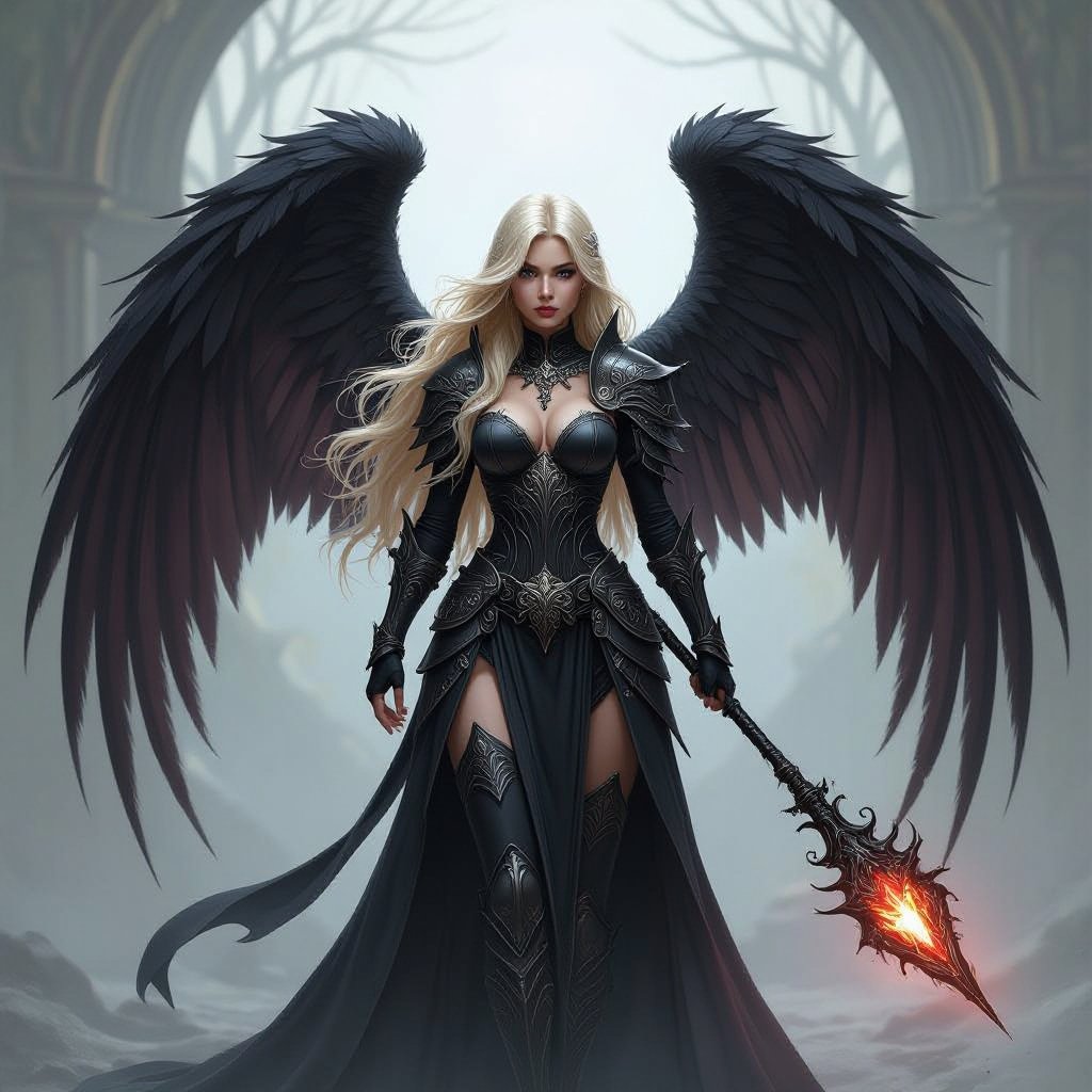 Fallen female Aasimar necromancer with wings and long blonde hair