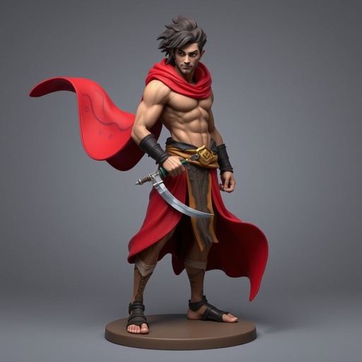 Create handsome hero Rhen the Fire – A lean, muscular man. He wears layered, flowing desert robes dyed in warm reds and golds, with scorch marks where flames have licked them. A curved blade hangs at his hip. Show whole body head to toe including her shoes.